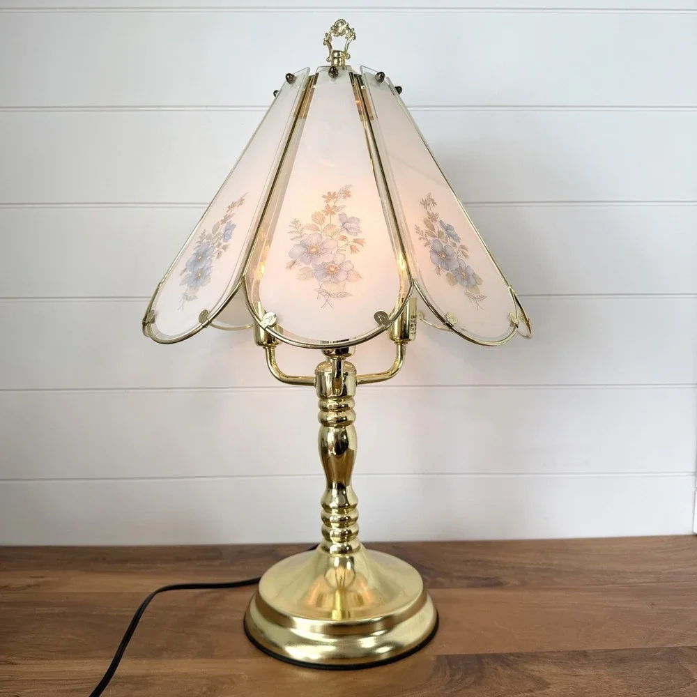 Vtg 3 Way Touch Lamp Brass Floral Glass Panel 90's Y2K Cottagecore Retro WORKS